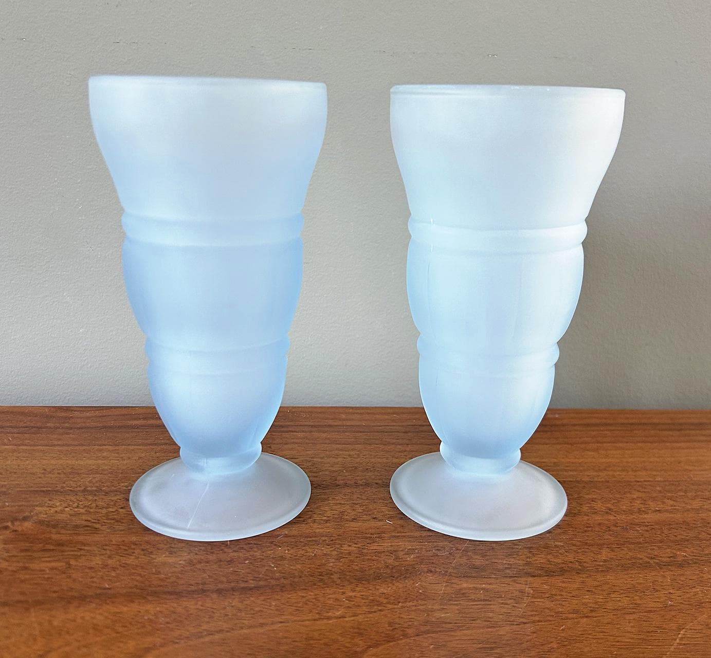 Vintage Indiana Glass Light Blue Satin Frosted 13 oz Soda Fountain Milk Shake Tumblers - Set of 2