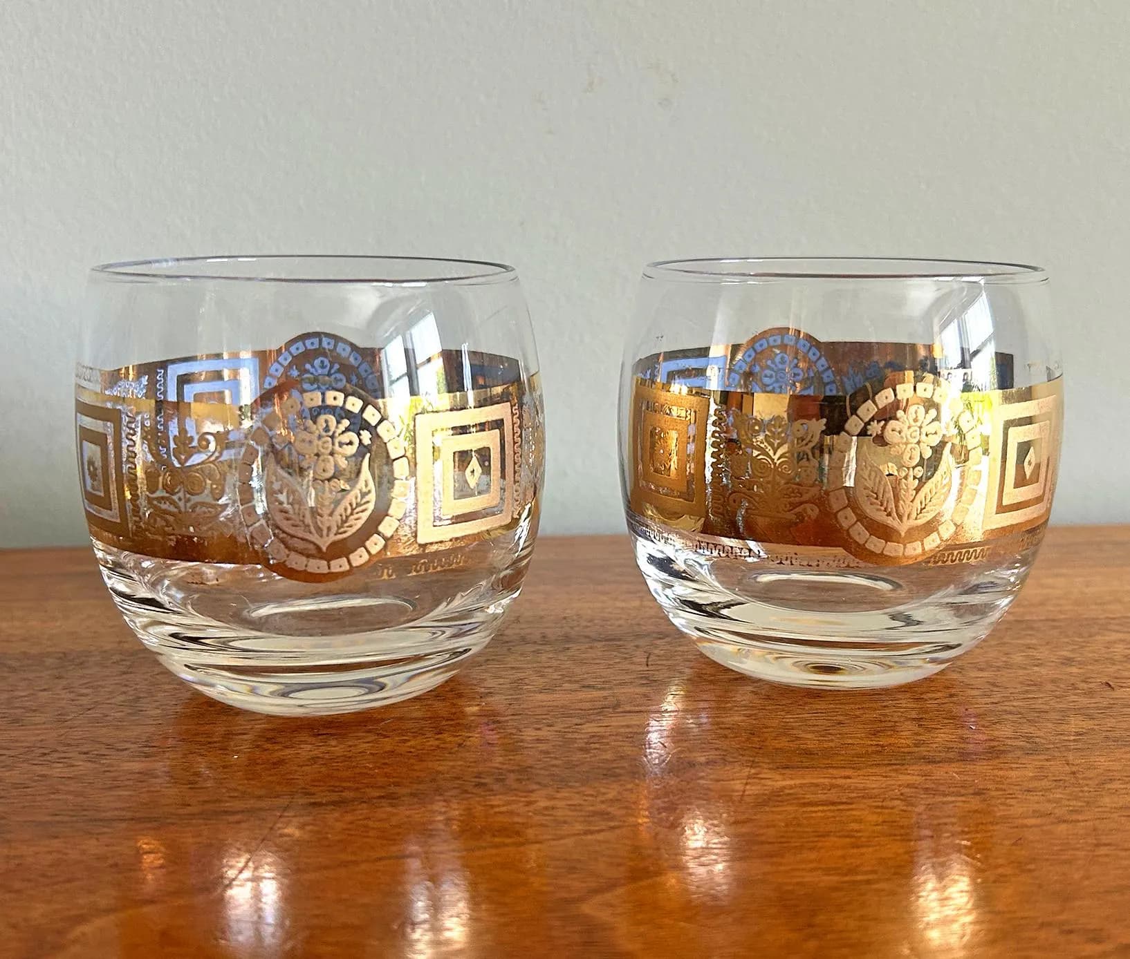 Vintage Culver Bird and Flower CUV117 22K Gold Roly Poly Cocktail Glasses - Set of 2