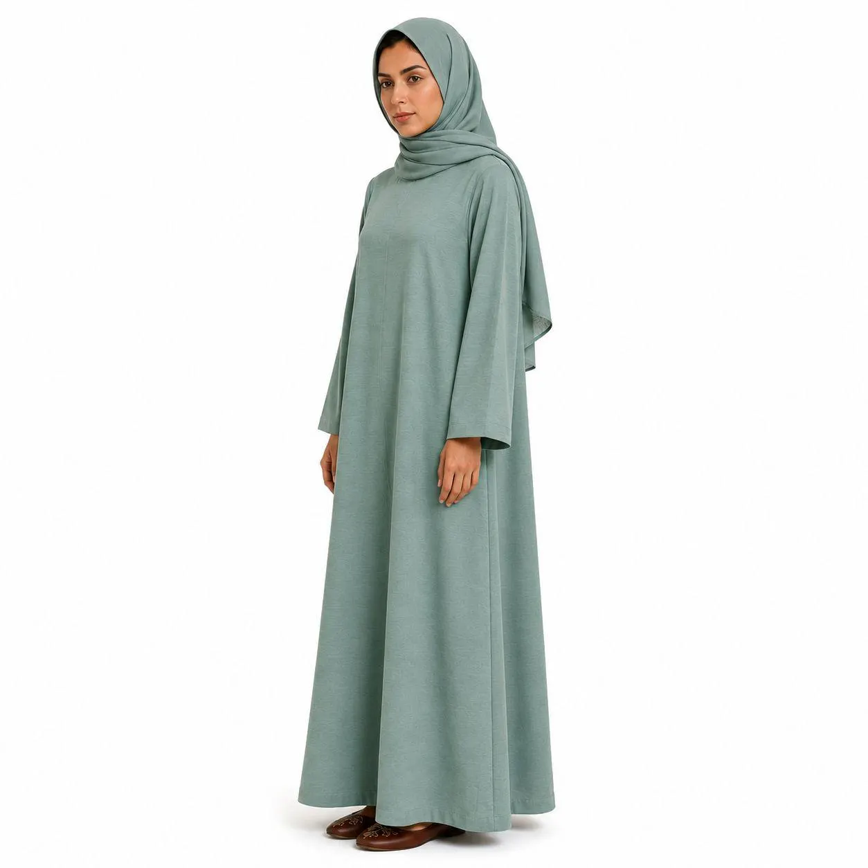Sage Mist Abaya Dress – Subtle Shoulder Zip – Compact Neck Linen Jalabiya – Full-Length Modest Gown - image 3