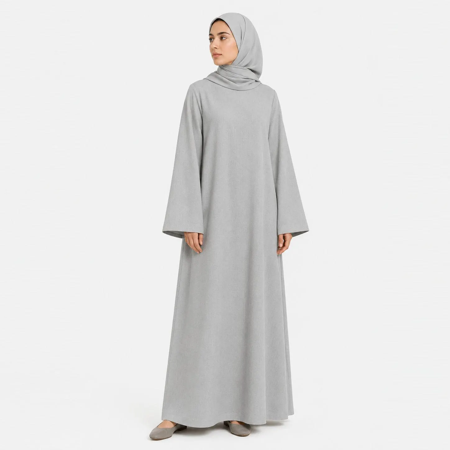 Light Gray Abaya Dress with Bell Sleeve – Linen Muslim Flowy Sleeves Wear – Saudi Dress