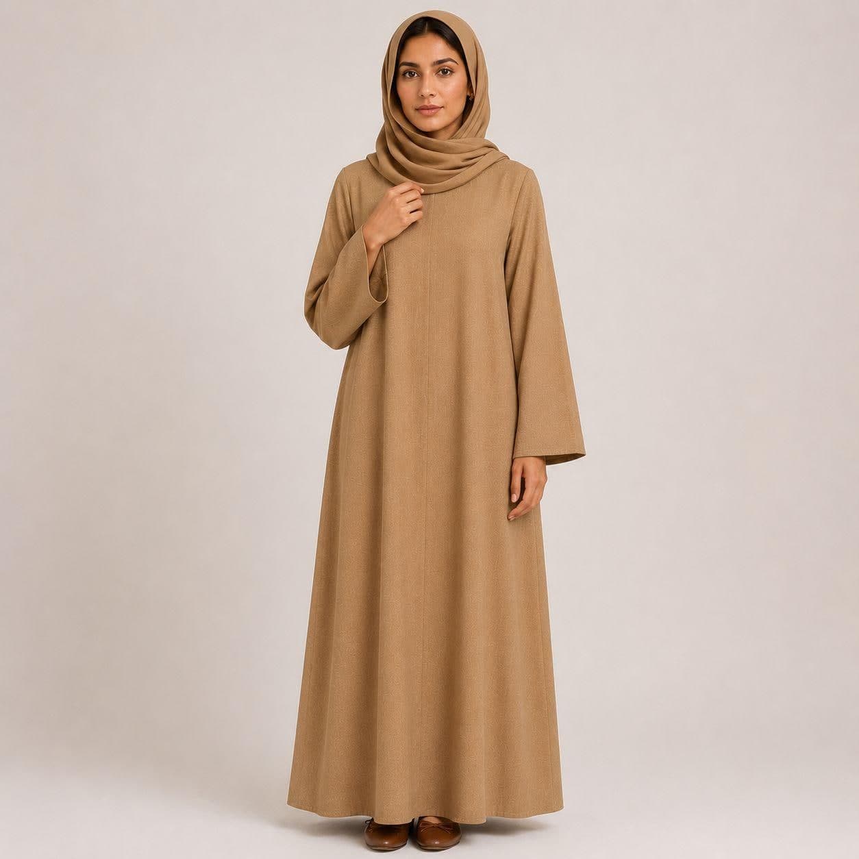Desert Camel Abaya Dress – Secret Shoulder Zipper – Close-Fitting Neck Linen Robe – Vintage Arabic Kaftan - image 2