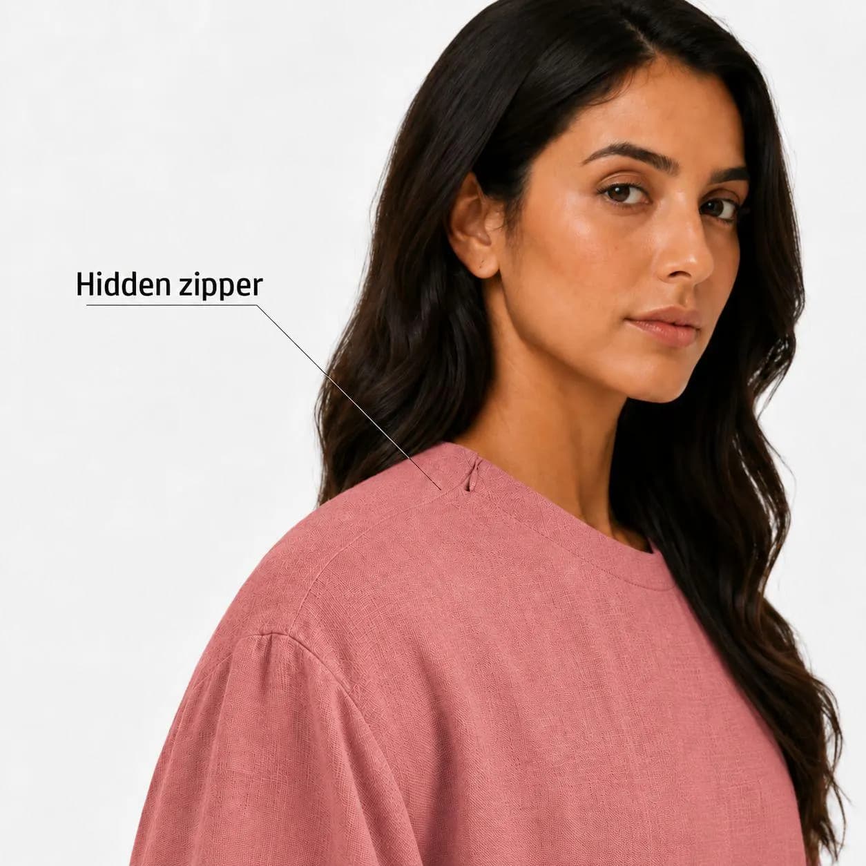 Dusty Rose Linen Abaya – Hidden Side-Neck Zip – Modest Long Sleeve Dress – Pink Ramadan Kaftan - image 5