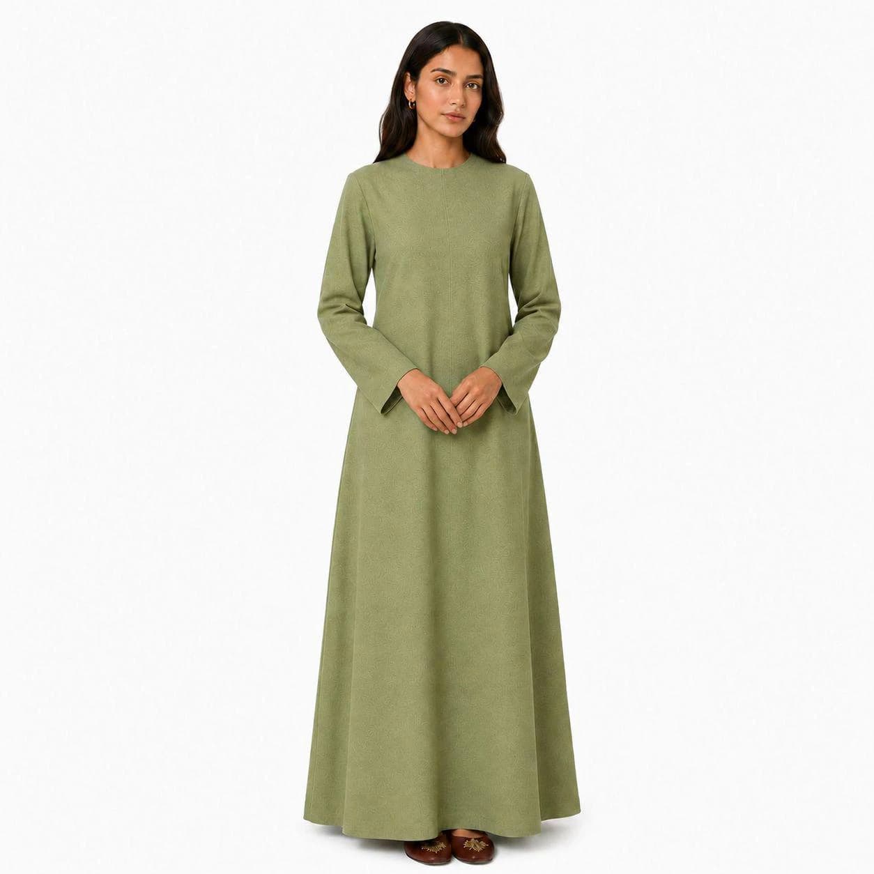 Pistachio Green Abaya Dress – Invisible Shoulder Zip – Slim Neck Maxi Gown – Modern Dubai-Style Kaftan