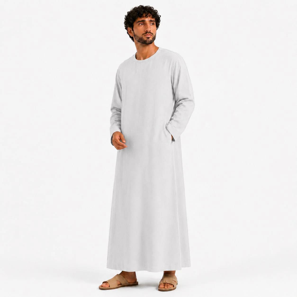 Light Gray Linen Men Kaftan – Qatar Thobe – Arabic Thobes – Dishdasha for Males - image 2