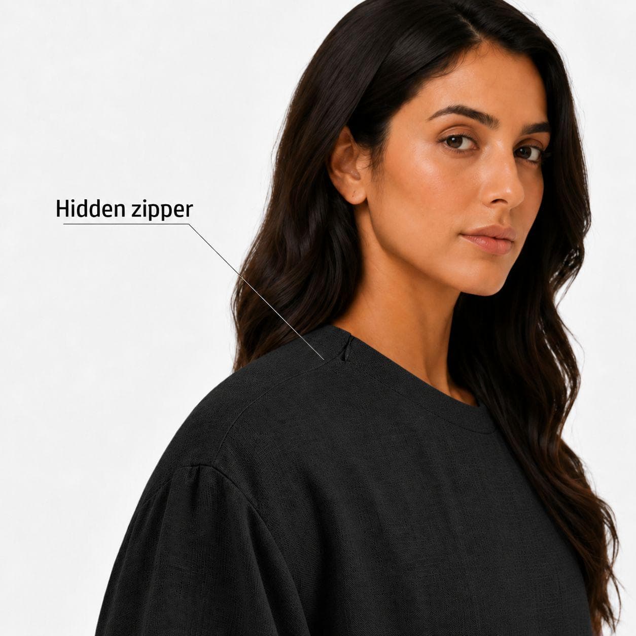 Matte Black Abaya Dress – Hidden Shoulder Fastening – Slim Neck Linen Maxi Dress – Elegant Kaftan - image 4