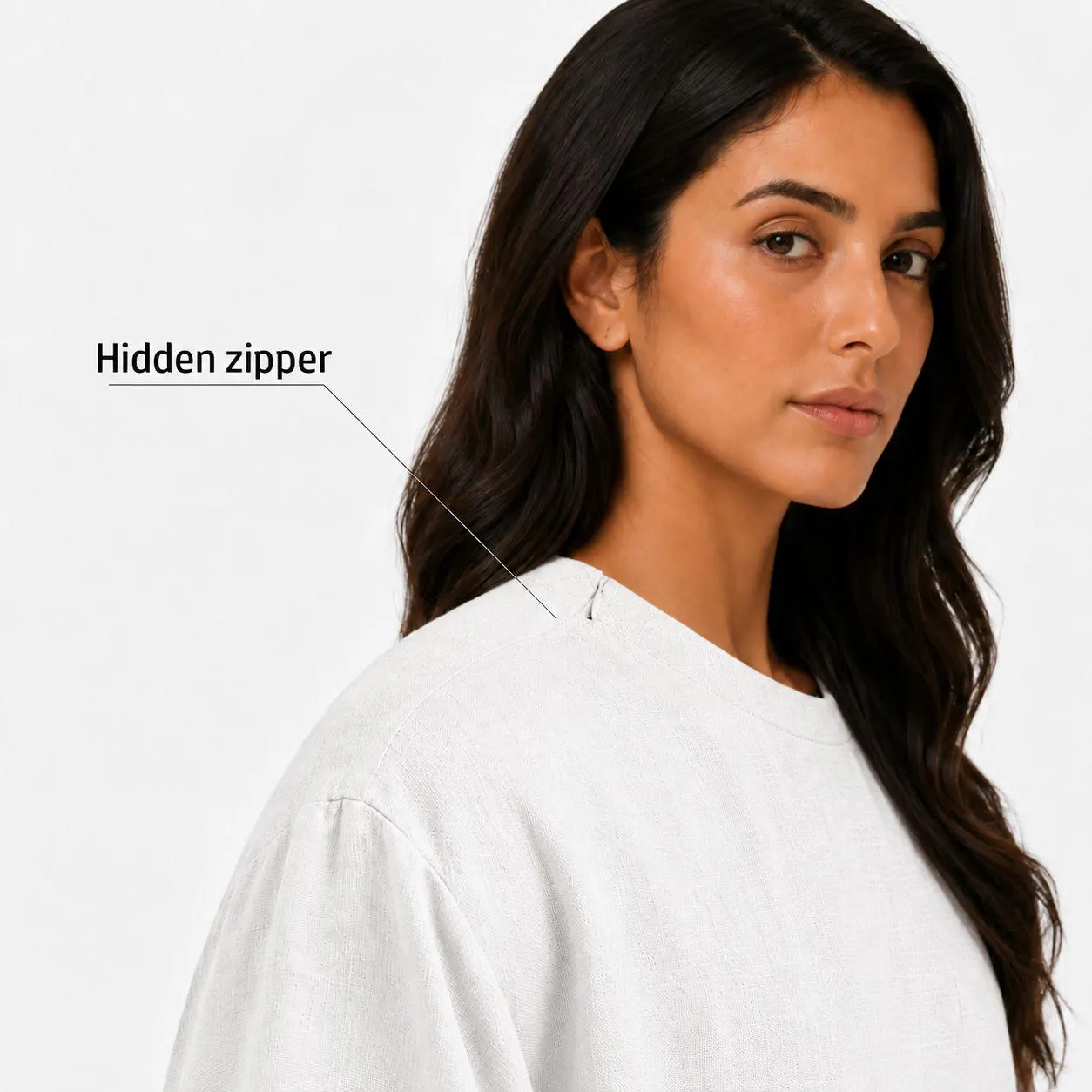 Pure White Linen Abaya – Shoulder Zipper – Tight Neck Muslim Dress – Arabic Kaftan – Prayer Outfit - image 4