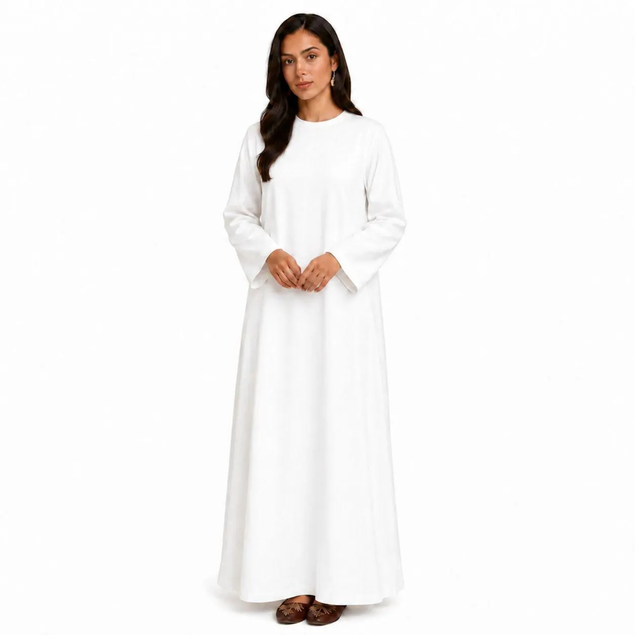 Pure White Linen Abaya – Shoulder Zipper – Tight Neck Muslim Dress – Arabic Kaftan – Prayer Outfit