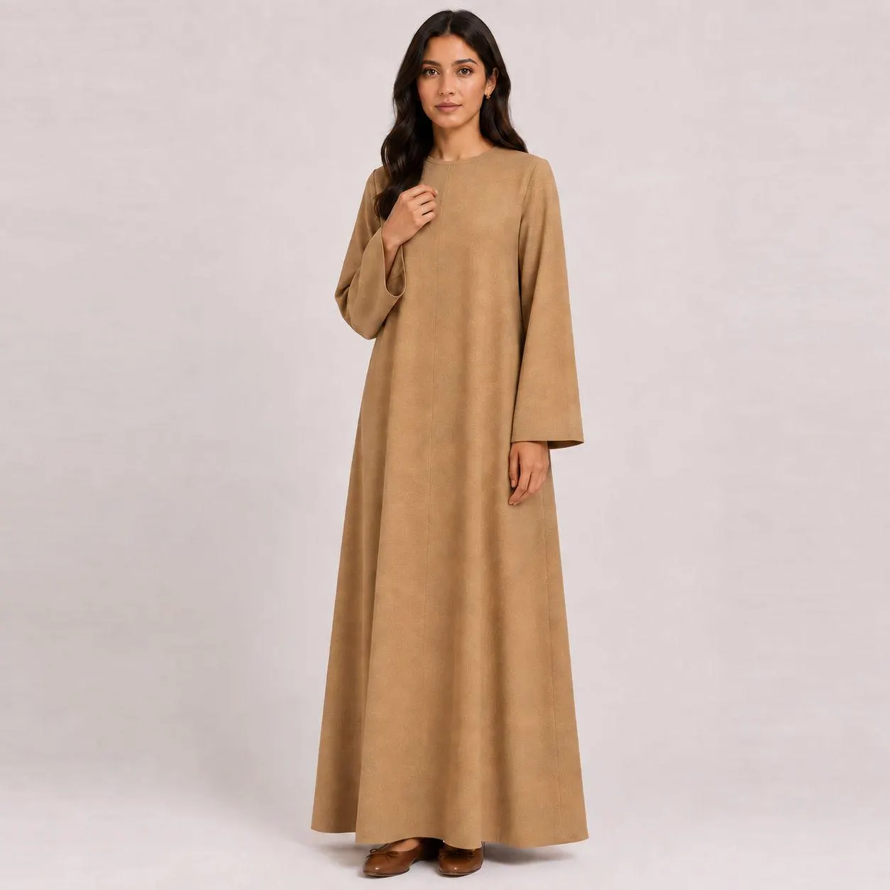 Desert Camel Abaya Dress – Secret Shoulder Zipper – Close-Fitting Neck Linen Robe – Vintage Arabic Kaftan