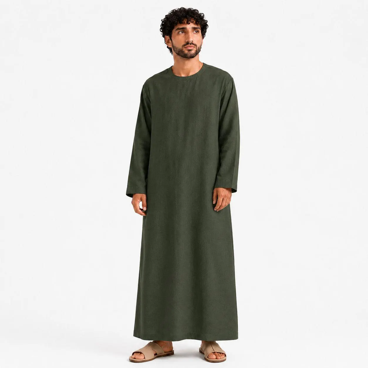Deep Emerald Men's Linen Thobe – Organic Fabric Kurta – Comfortable Kaftans – Vacation Caftan - image 2