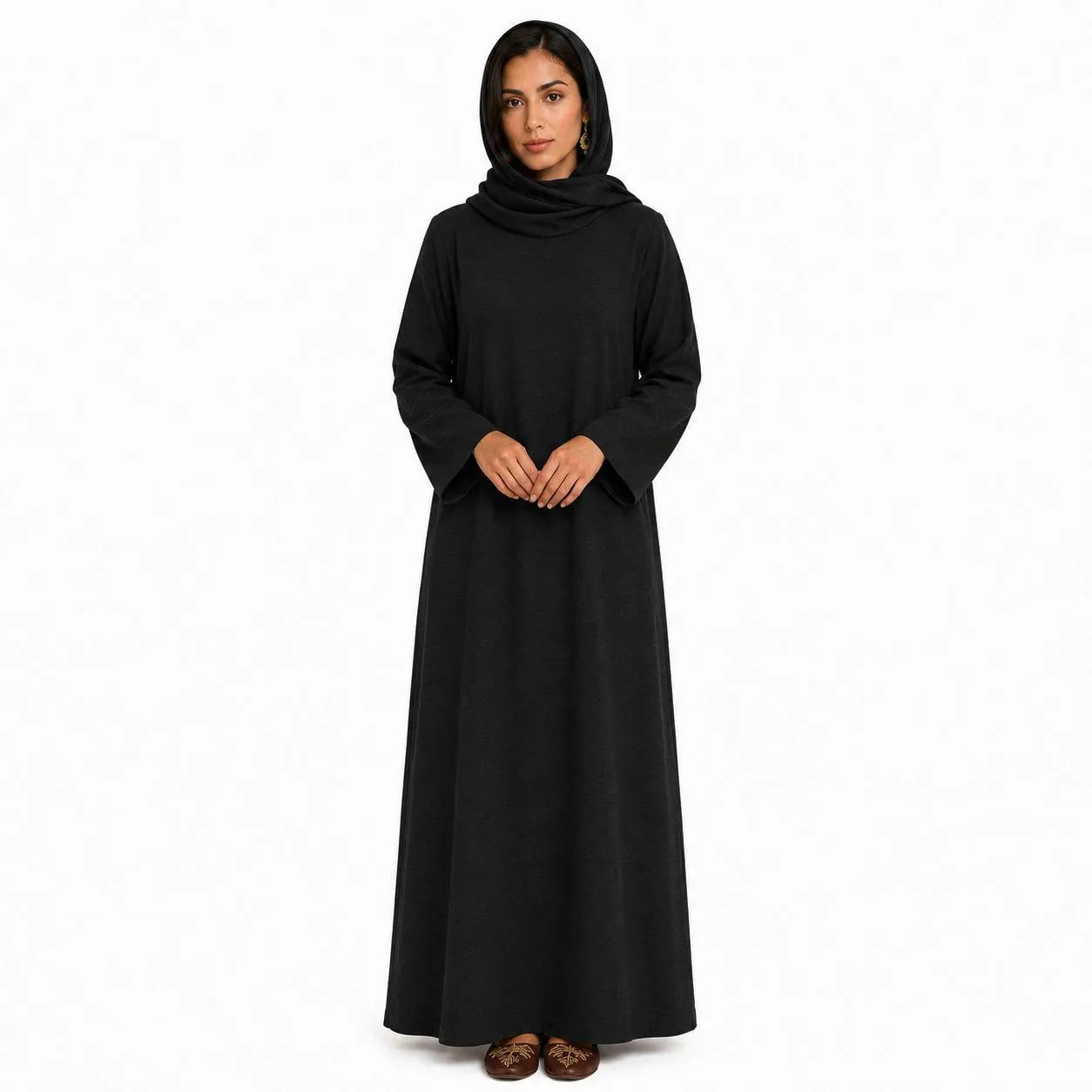 Matte Black Abaya Dress – Hidden Shoulder Fastening – Slim Neck Linen Maxi Dress – Elegant Kaftan - image 2