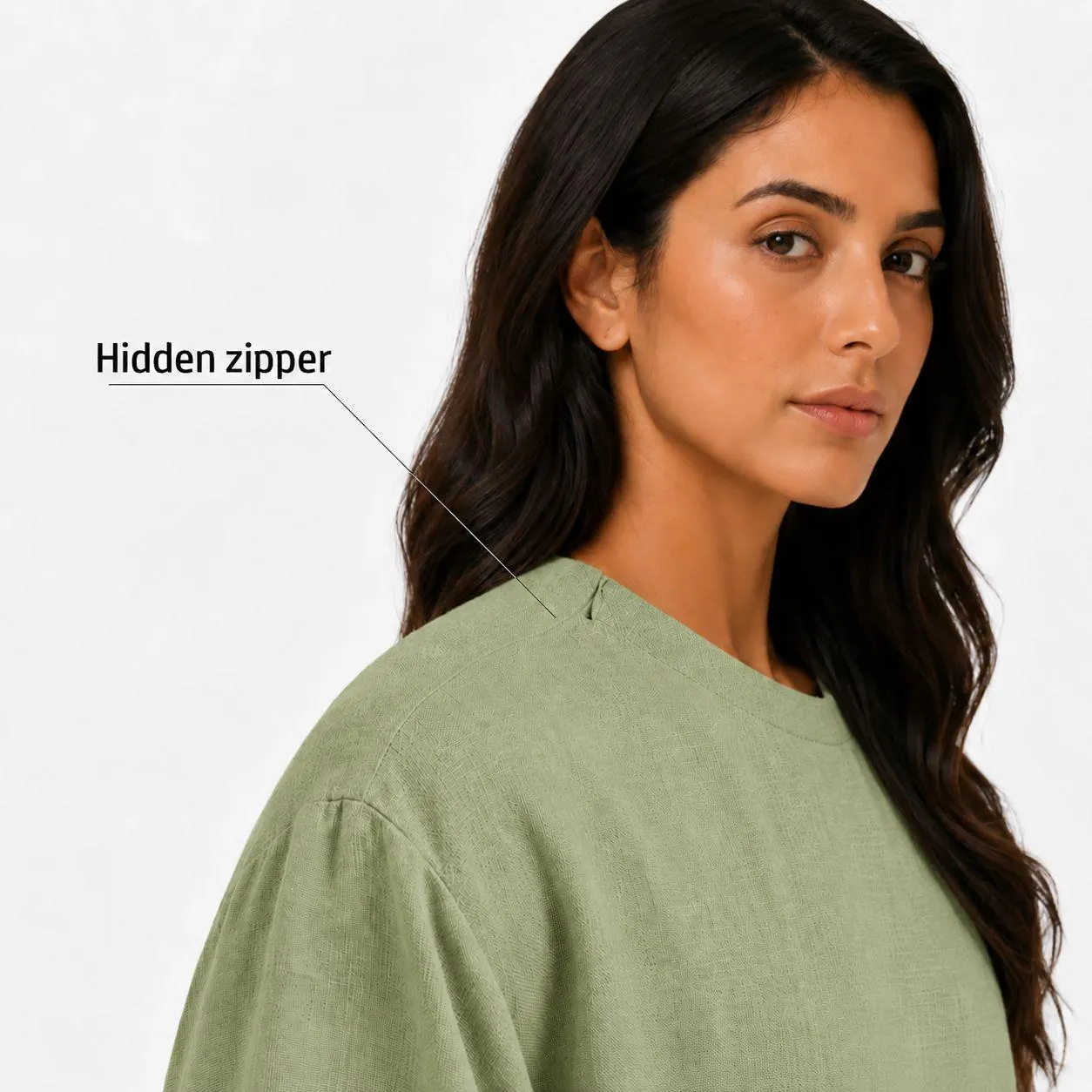 Pistachio Green Abaya Dress – Invisible Shoulder Zip – Slim Neck Maxi Gown – Modern Dubai-Style Kaftan - image 4