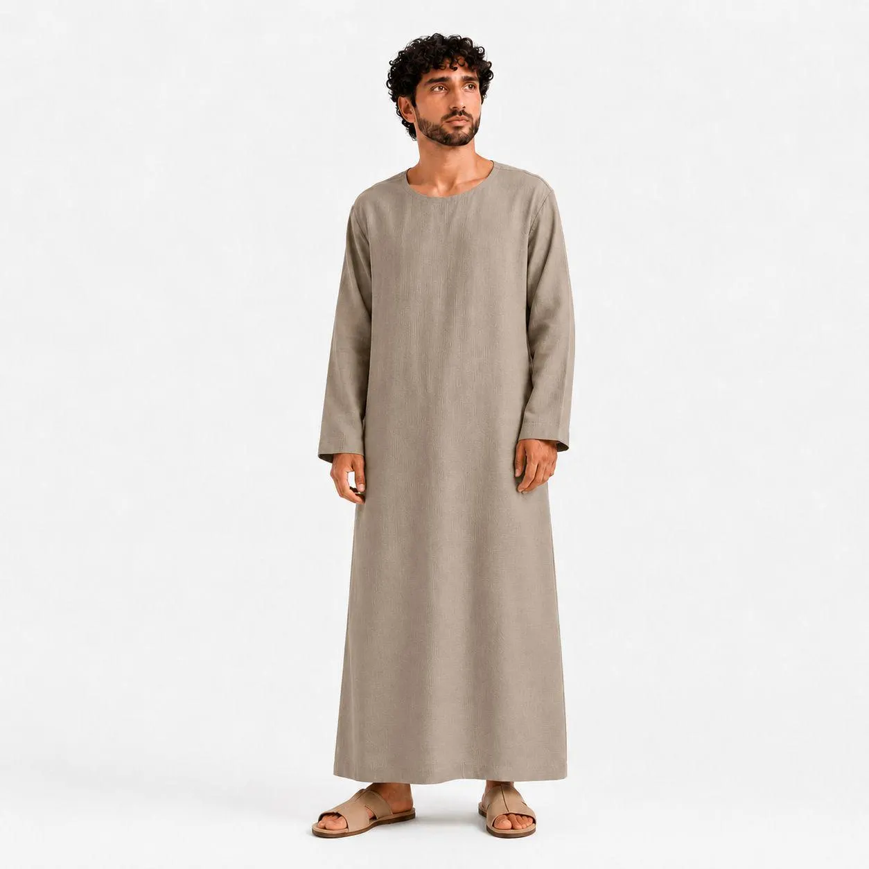 Warm Greige Men's Kandura – Organic Linen Thobe – Arabic Abaya – Modern Islamic Menswear