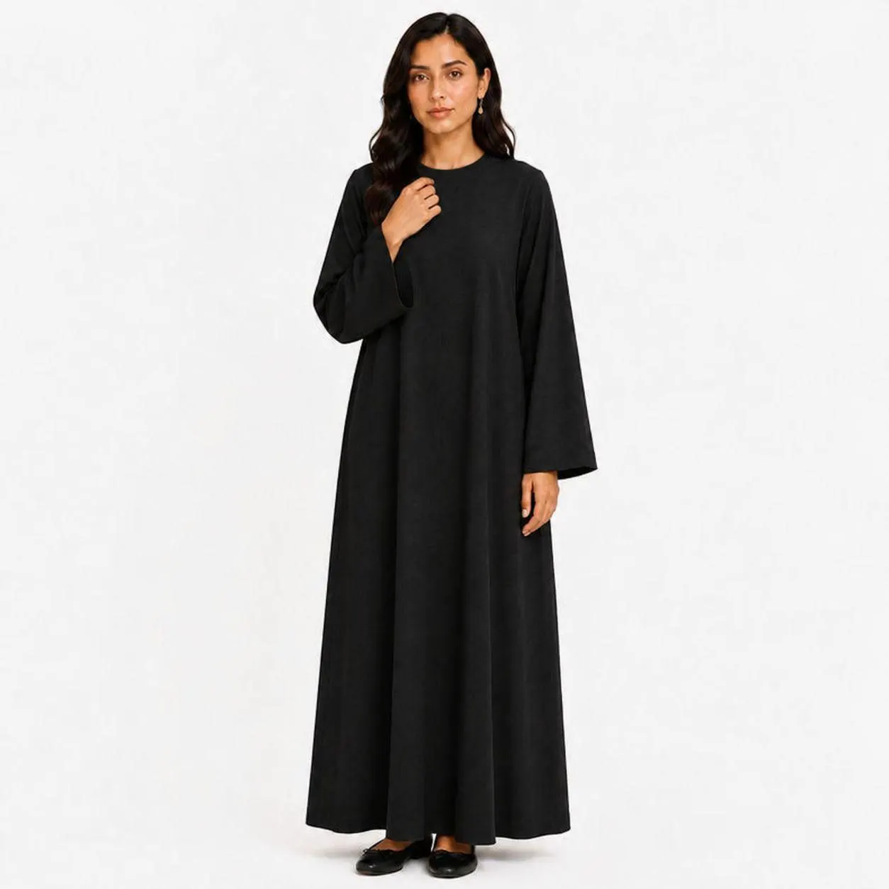 Matte Black Abaya Dress – Hidden Shoulder Fastening – Slim Neck Linen Maxi Dress – Elegant Kaftan