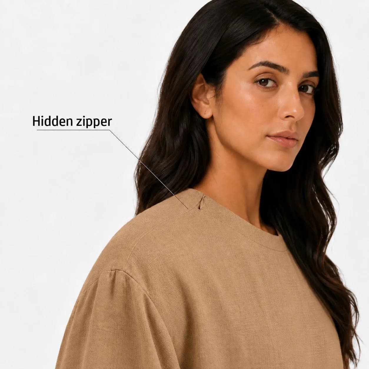 Desert Camel Abaya Dress – Secret Shoulder Zipper – Close-Fitting Neck Linen Robe – Vintage Arabic Kaftan - image 4