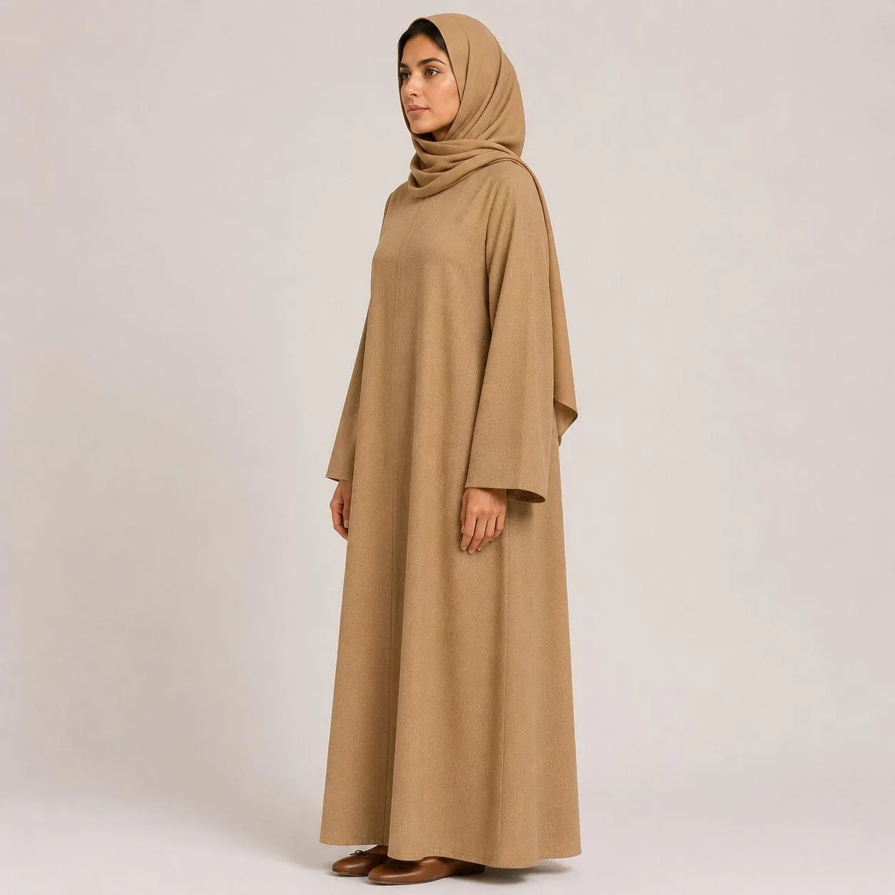 Desert Camel Abaya Dress – Secret Shoulder Zipper – Close-Fitting Neck Linen Robe – Vintage Arabic Kaftan - image 3