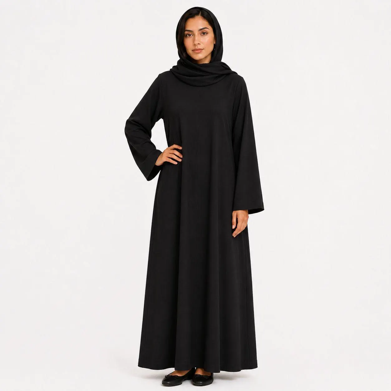 Matte Black Abaya Dress – Hidden Shoulder Fastening – Slim Neck Linen Maxi Dress – Elegant Kaftan - image 3