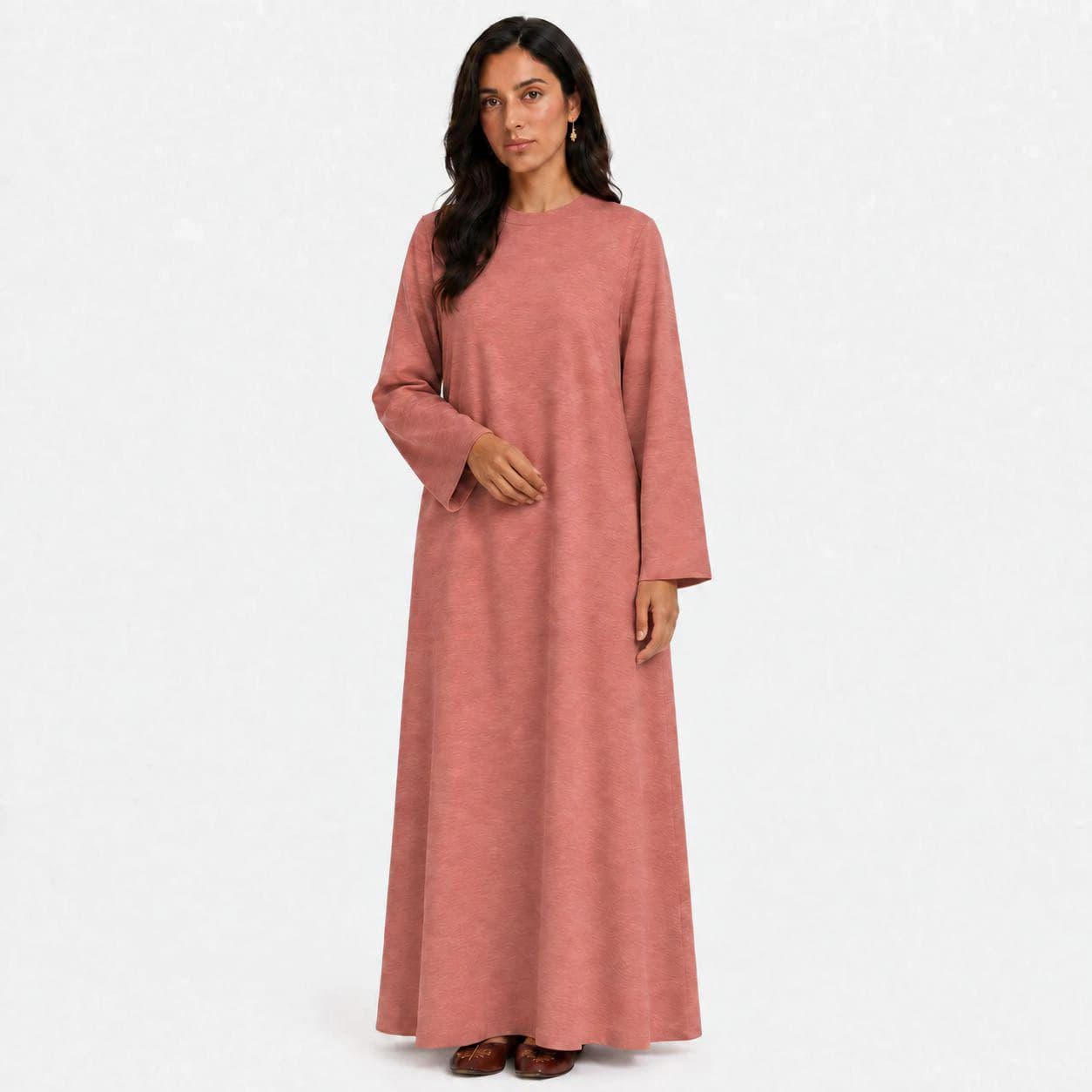 Dusty Rose Linen Abaya – Hidden Side-Neck Zip – Modest Long Sleeve Dress – Pink Ramadan Kaftan
