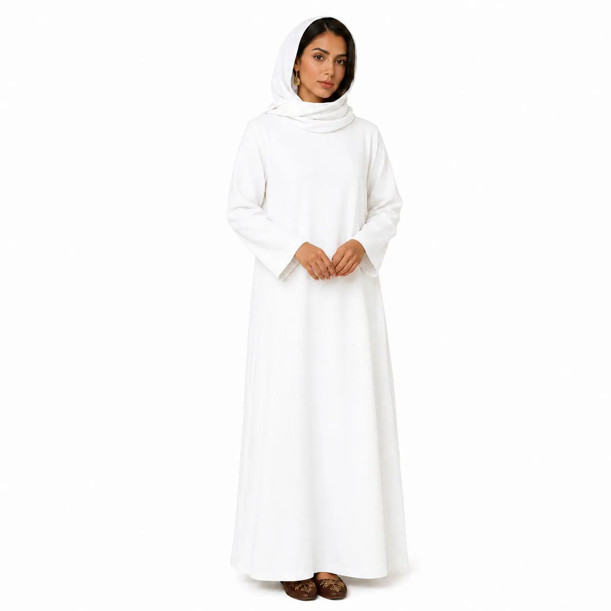 Pure White Linen Abaya – Shoulder Zipper – Tight Neck Muslim Dress – Arabic Kaftan – Prayer Outfit - image 2