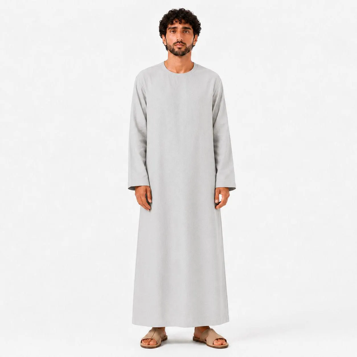 Light Gray Linen Men Kaftan – Qatar Thobe – Arabic Thobes – Dishdasha for Males - image 3
