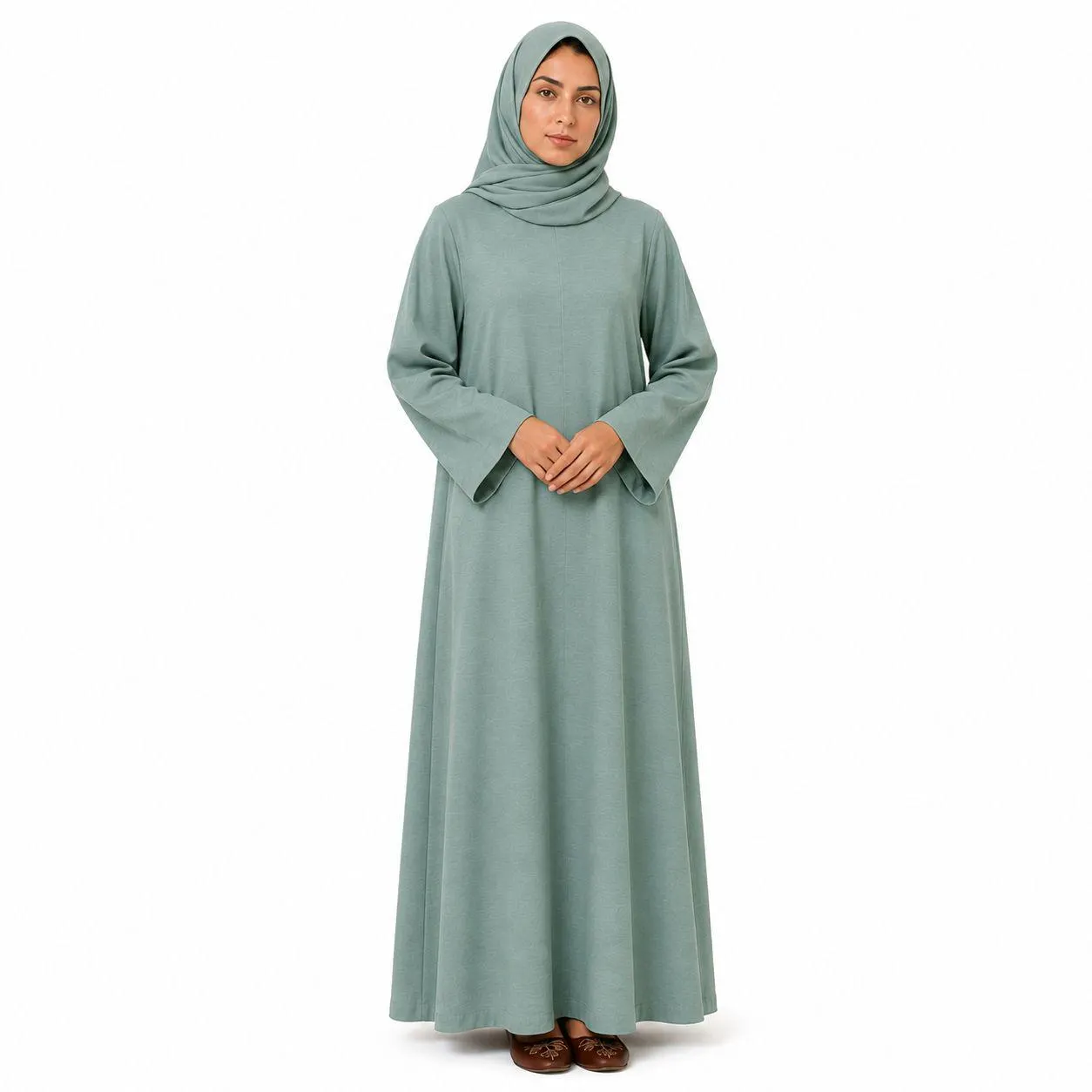 Sage Mist Abaya Dress – Subtle Shoulder Zip – Compact Neck Linen Jalabiya – Full-Length Modest Gown - image 2