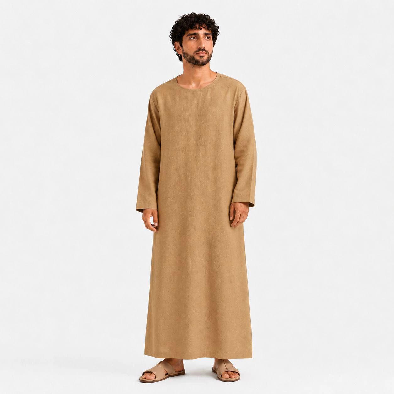 Desert Camel Men's Kandura – Organic Linen Thobe – Islamic Jubba – Modern Arabic Menswear