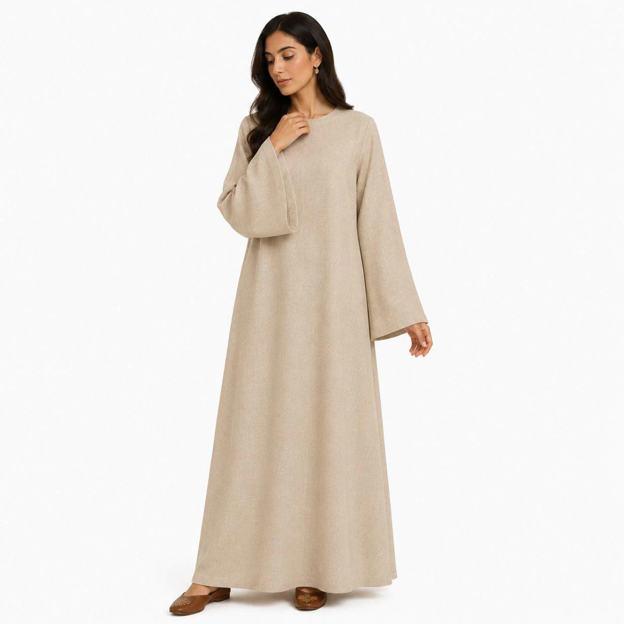 Desert Sand Abaya Dress with Maxi Sleeve – Organic Linen Islamic Dress – Arabian Womens Kaftan