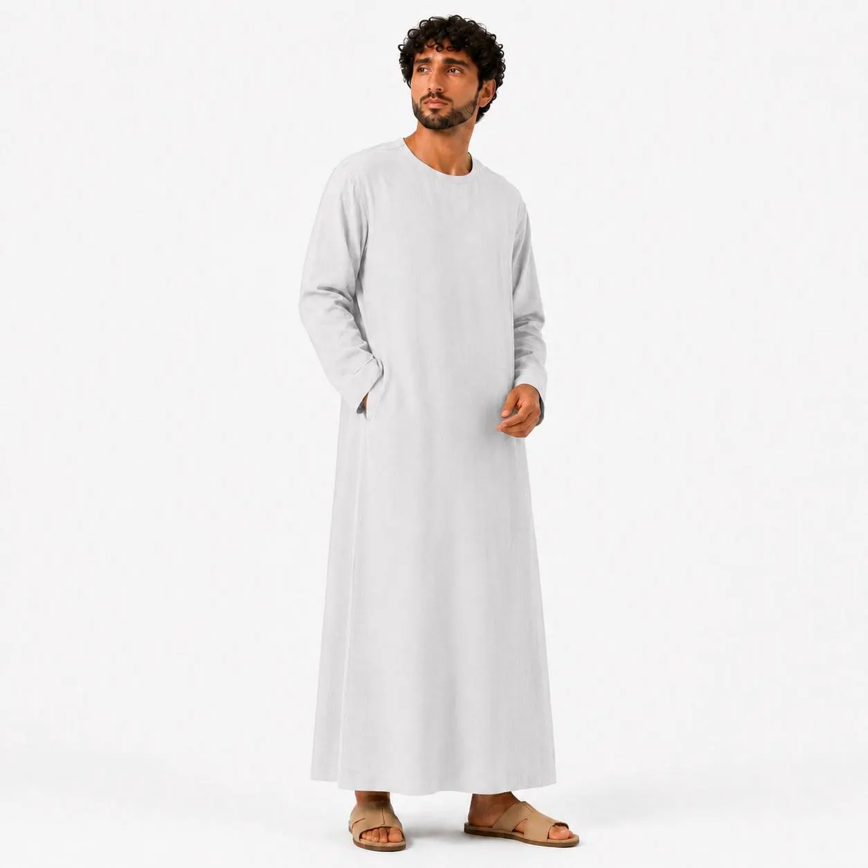 Light Gray Linen Men Kaftan – Qatar Thobe – Arabic Thobes – Dishdasha for Males