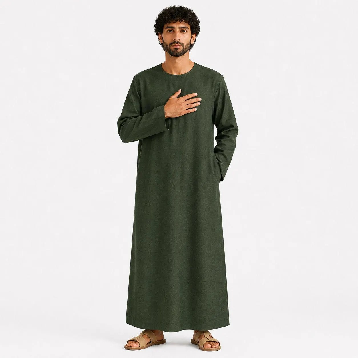 Deep Emerald Men's Linen Thobe – Organic Fabric Kurta – Comfortable Kaftans – Vacation Caftan
