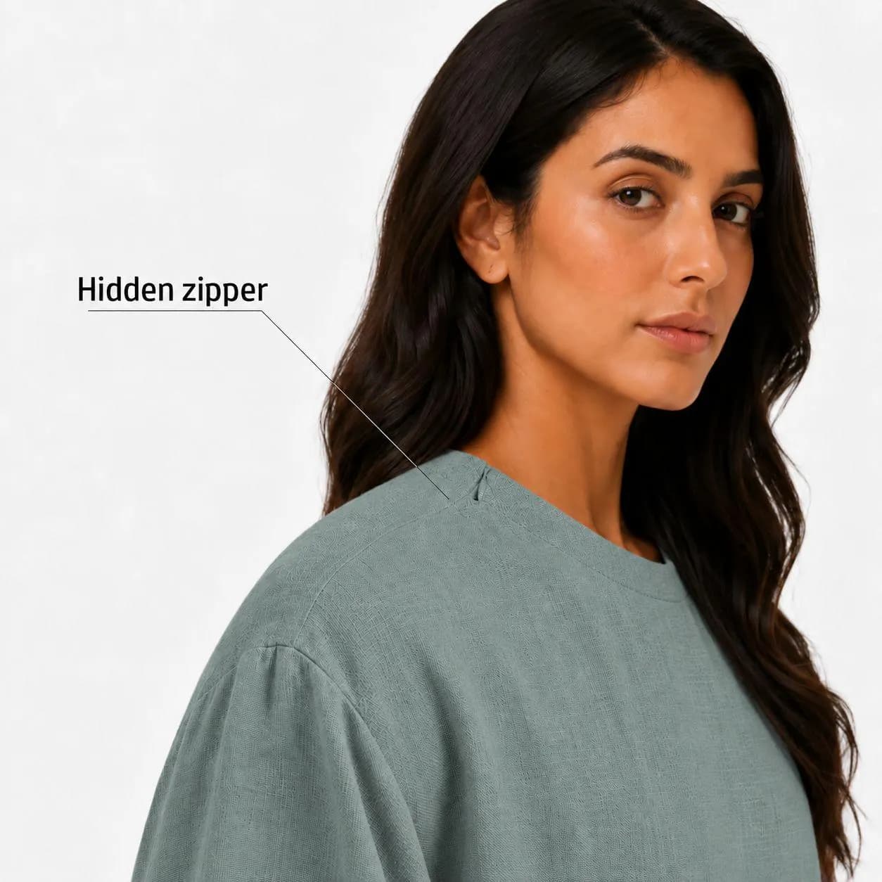 Sage Mist Abaya Dress – Subtle Shoulder Zip – Compact Neck Linen Jalabiya – Full-Length Modest Gown - image 4