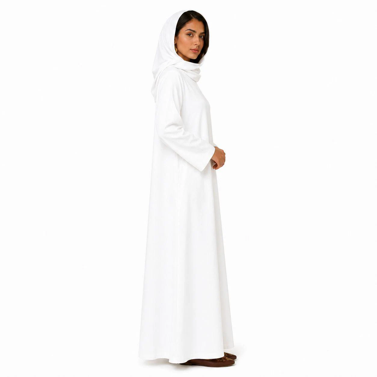 Pure White Linen Abaya – Shoulder Zipper – Tight Neck Muslim Dress – Arabic Kaftan – Prayer Outfit - image 3