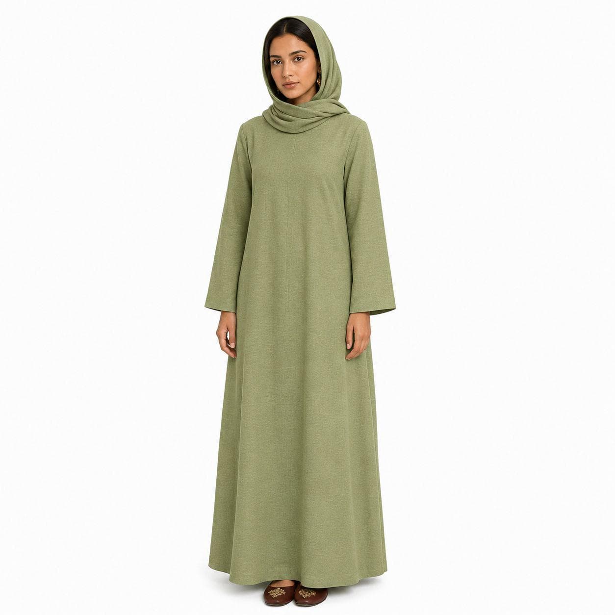 Pistachio Green Abaya Dress – Invisible Shoulder Zip – Slim Neck Maxi Gown – Modern Dubai-Style Kaftan - image 3