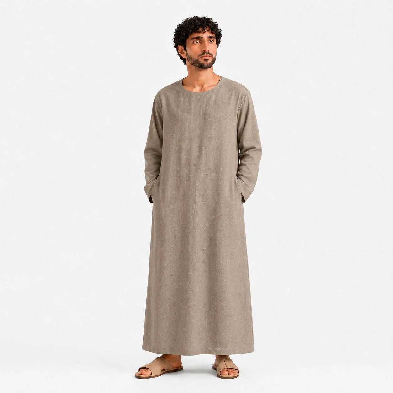 Warm Greige Men's Kandura – Organic Linen Thobe – Arabic Abaya – Modern Islamic Menswear - image 2