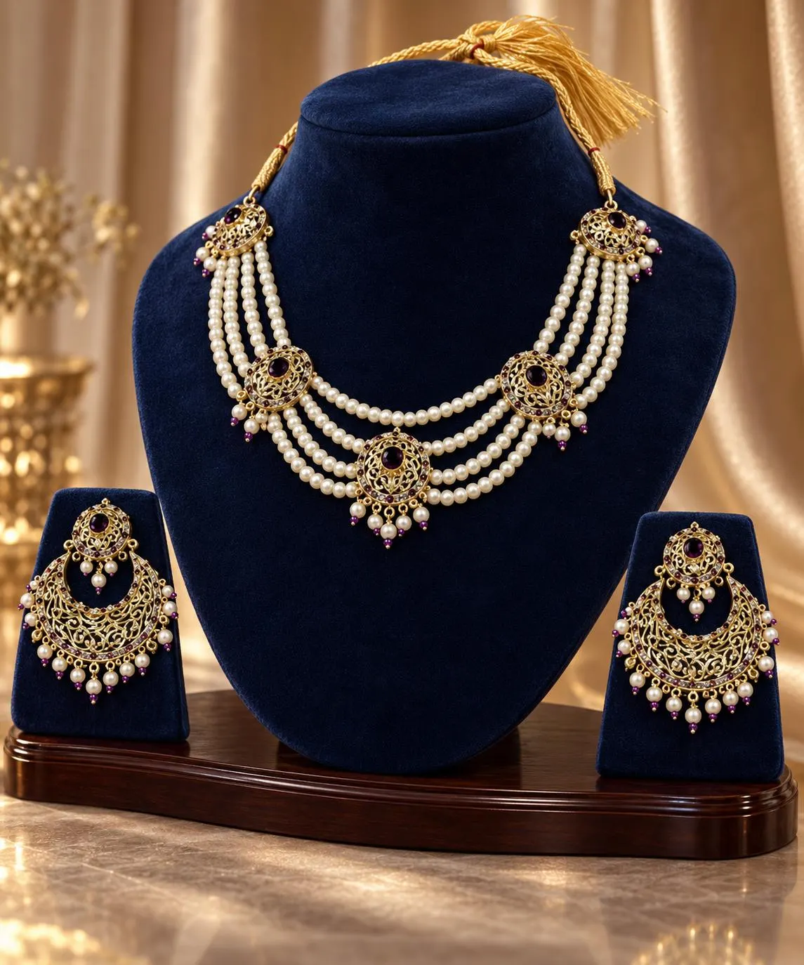 Gold Tone Purple Stone Hyderabadi Pearl Necklace Set with Chandbali Earrings - image 4