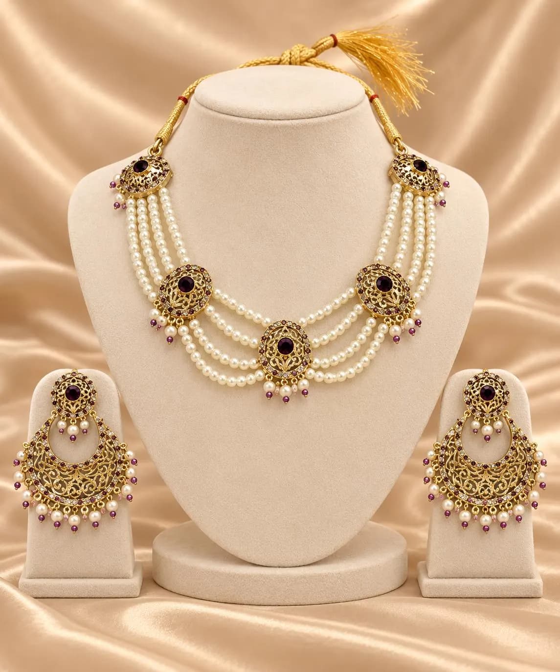 Gold Tone Purple Stone Hyderabadi Pearl Necklace Set with Chandbali Earrings - image 5
