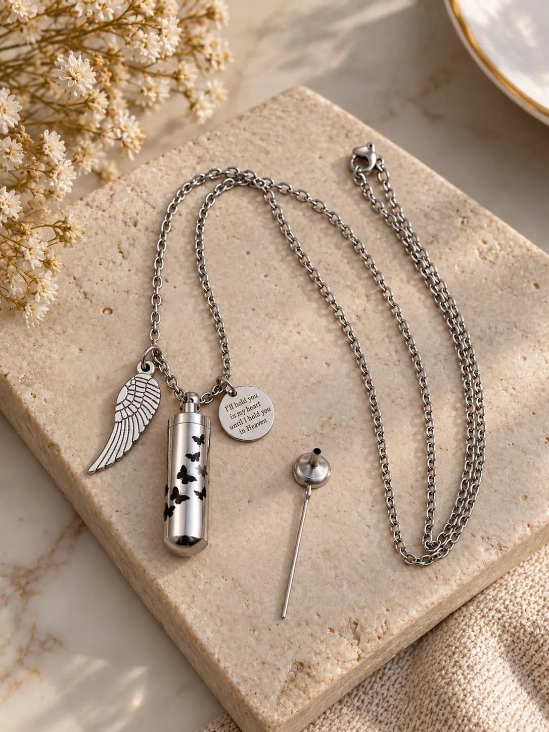 Butterfly Cremation Urn Necklace, Stainless Steel Memorial Ashes Pendant with Angel Wing - image 3