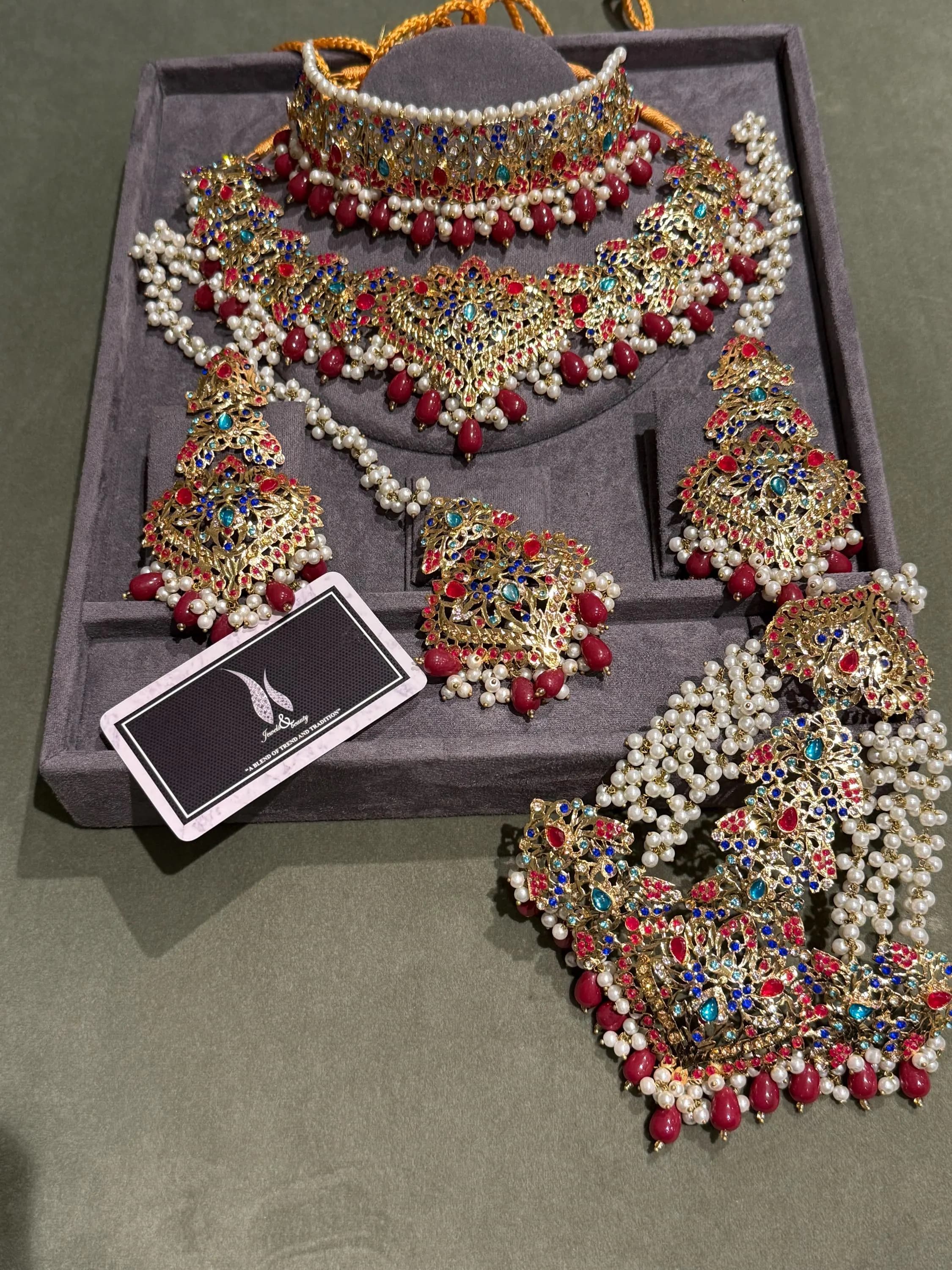 Hyderabadi Indian bridal Jewelry Set – Pakistani designer Navratan Choker, Earrings and Tikka