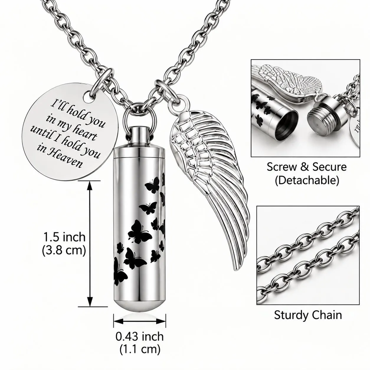Butterfly Cremation Urn Necklace, Stainless Steel Memorial Ashes Pendant with Angel Wing - image 4