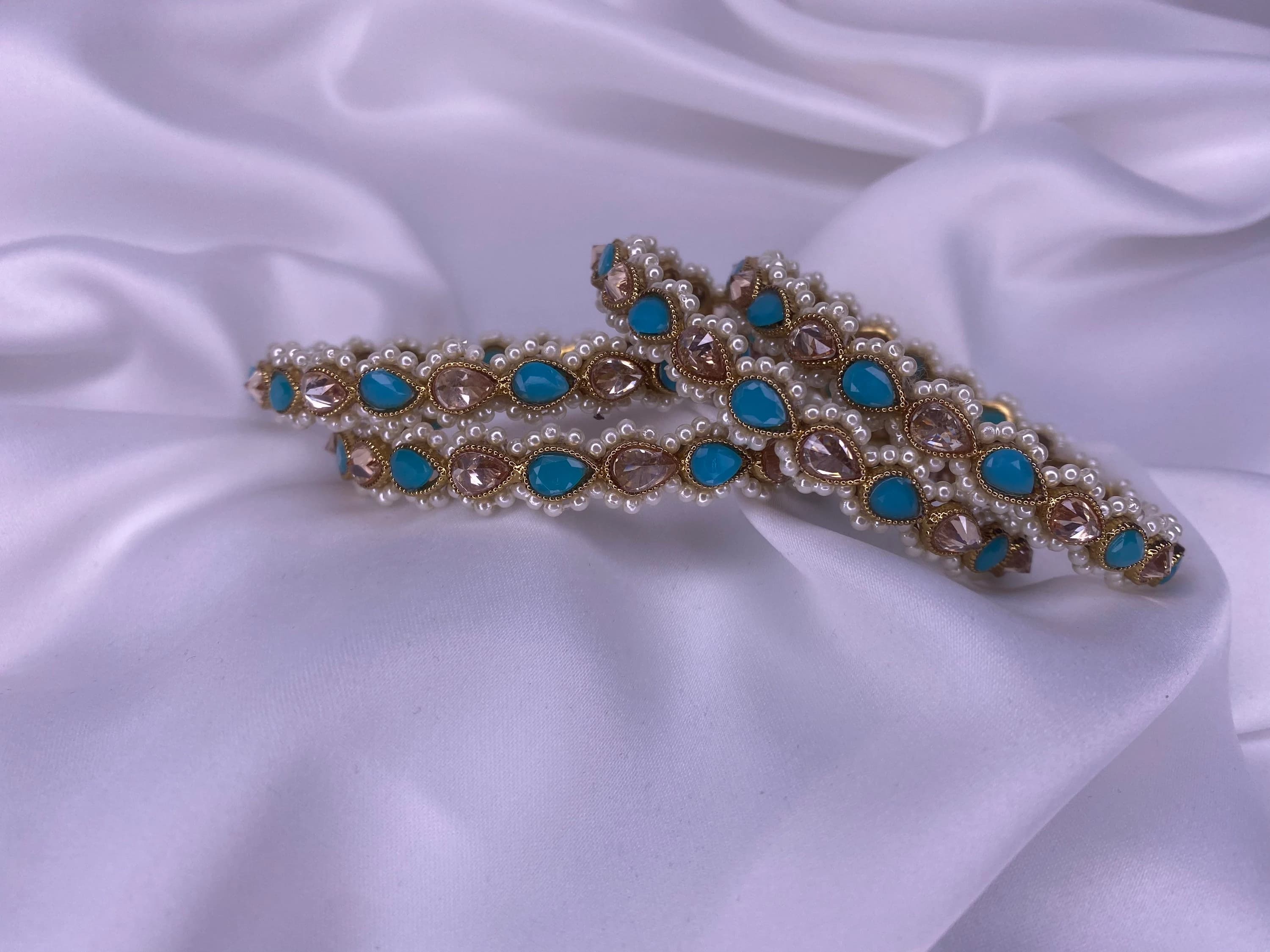 Indian Polki Bangles: Light Blue & Pearl Bracelet (Pair) - image 3