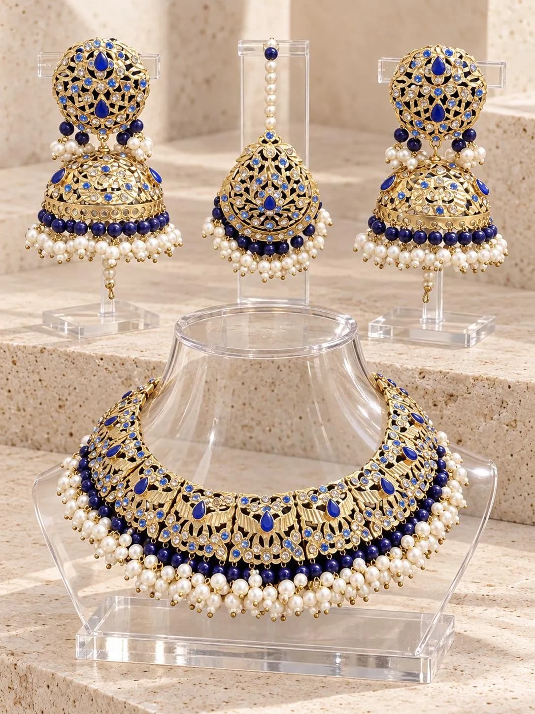 Blue Bridal necklace Set gold plated  with Oversized Jhumkas, Maang Tikka, indian jewelry pakistani designer jewellery - image 3