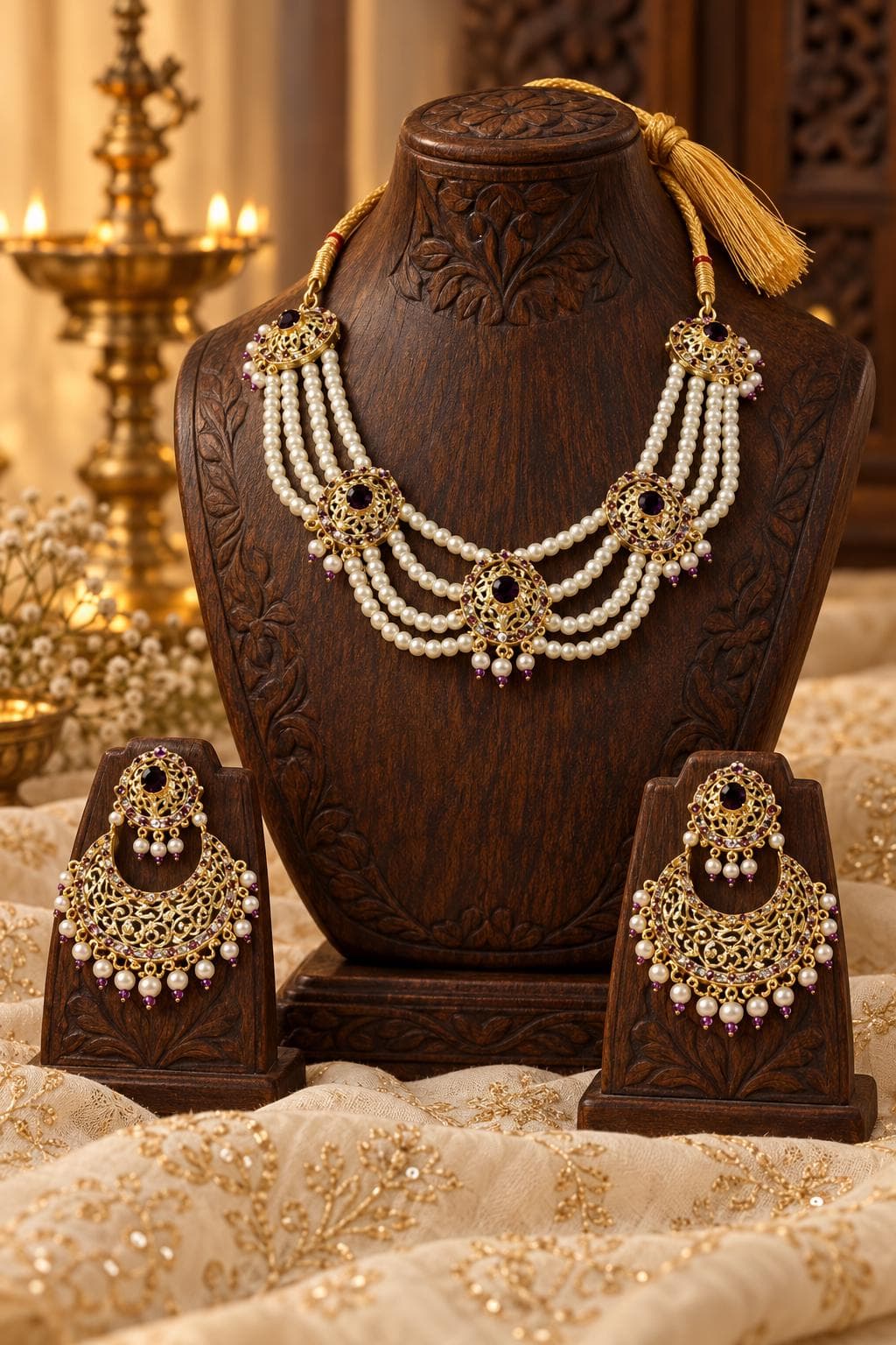 Gold Tone Purple Stone Hyderabadi Pearl Necklace Set with Chandbali Earrings - image 3