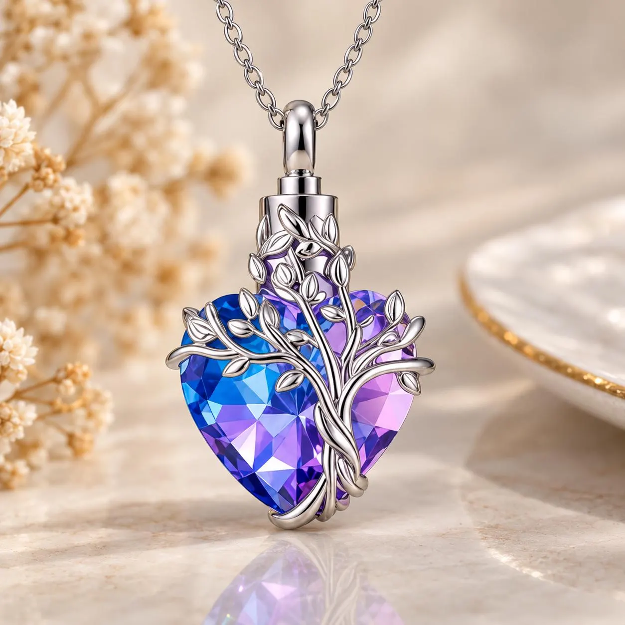 Tree of Life Urn Necklace, Heart Memorial Necklace for Ashes, Blue Purple Crystal Cremation Jewellery, Keepsake Pendant - image 5