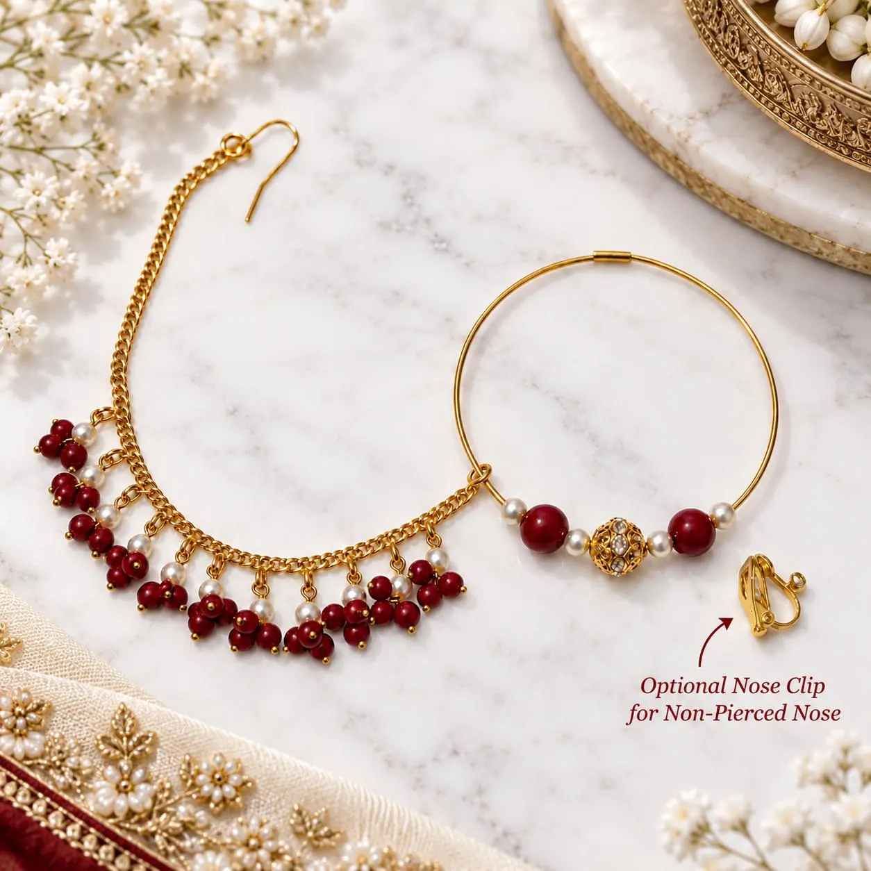 Gold Plated Indian Nose Ring: Bridal marron Nath with Pearls and maroon beads - image 5
