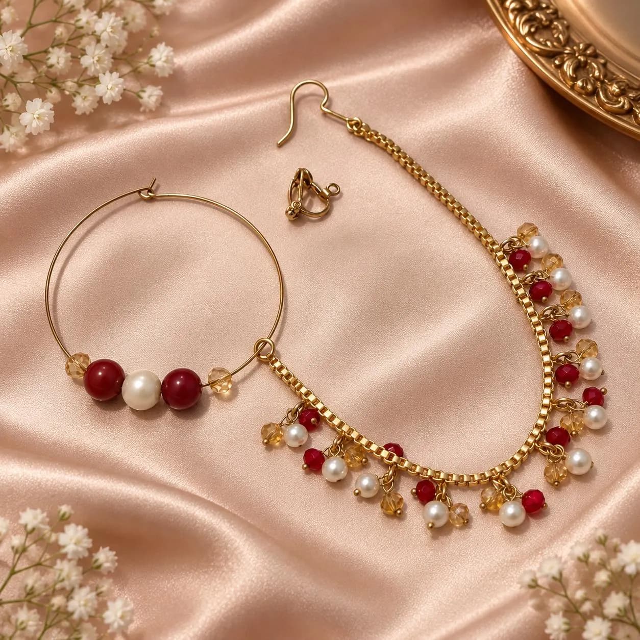 Gold Plated Indian Nose Ring: Bridal Nath with Pearls & Crystals - image 4