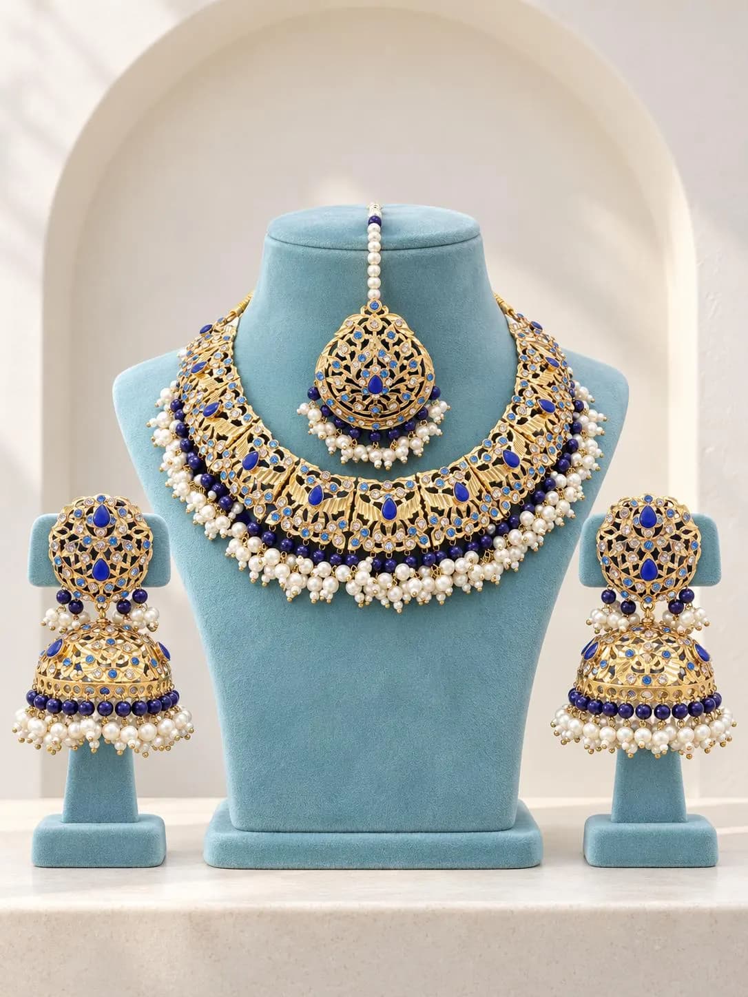 Blue Bridal necklace Set gold plated  with Oversized Jhumkas, Maang Tikka, indian jewelry pakistani designer jewellery - image 5