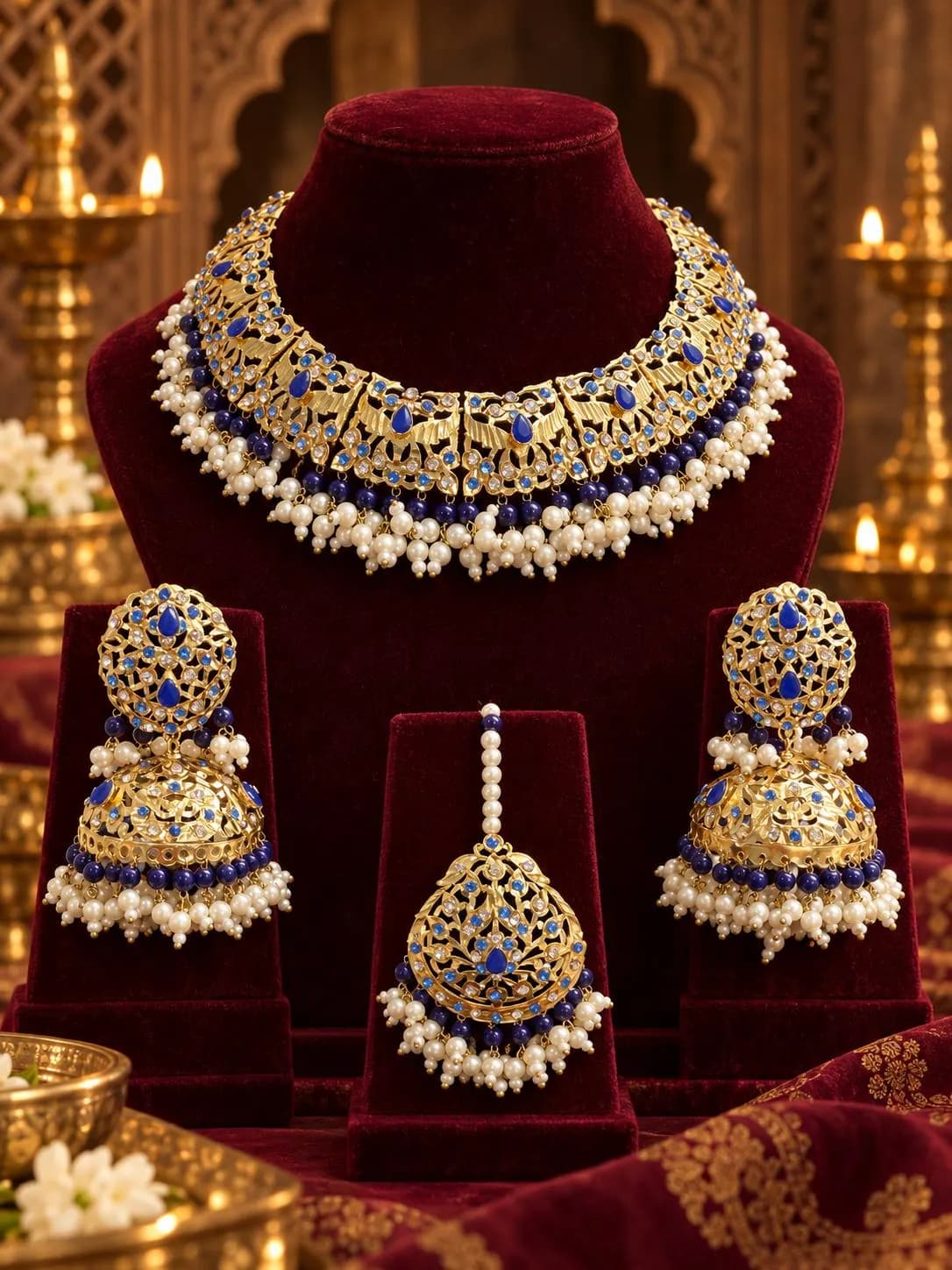 Blue Bridal necklace Set gold plated  with Oversized Jhumkas, Maang Tikka, indian jewelry pakistani designer jewellery - image 4