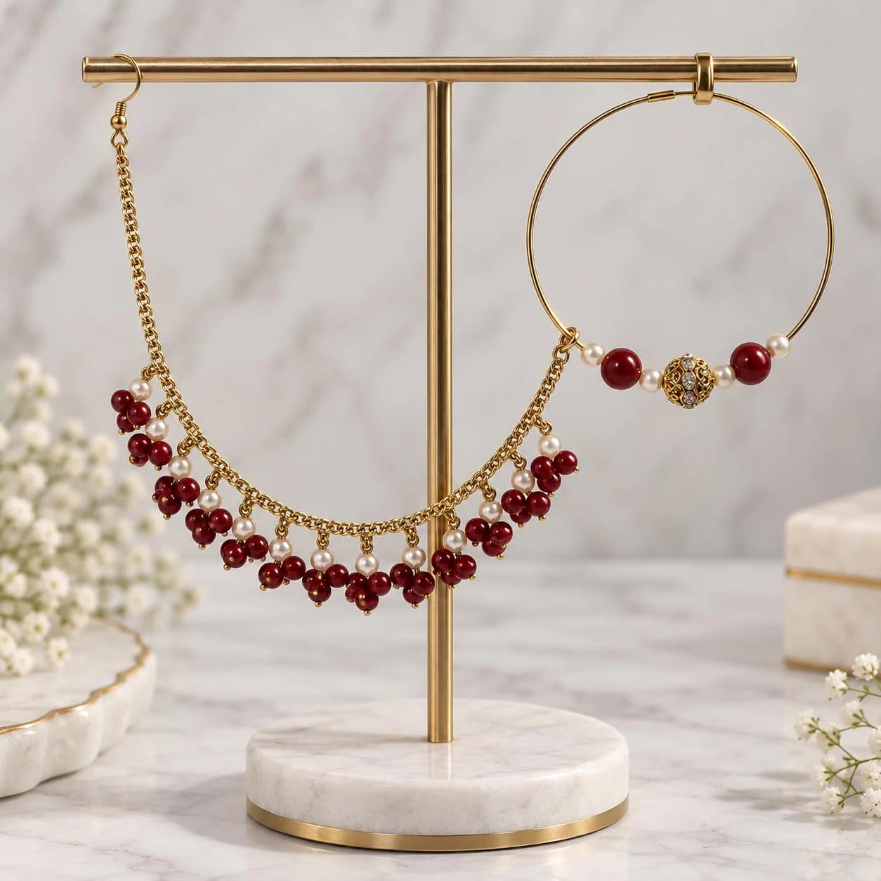 Gold Plated Indian Nose Ring: Bridal marron Nath with Pearls and maroon beads - image 3
