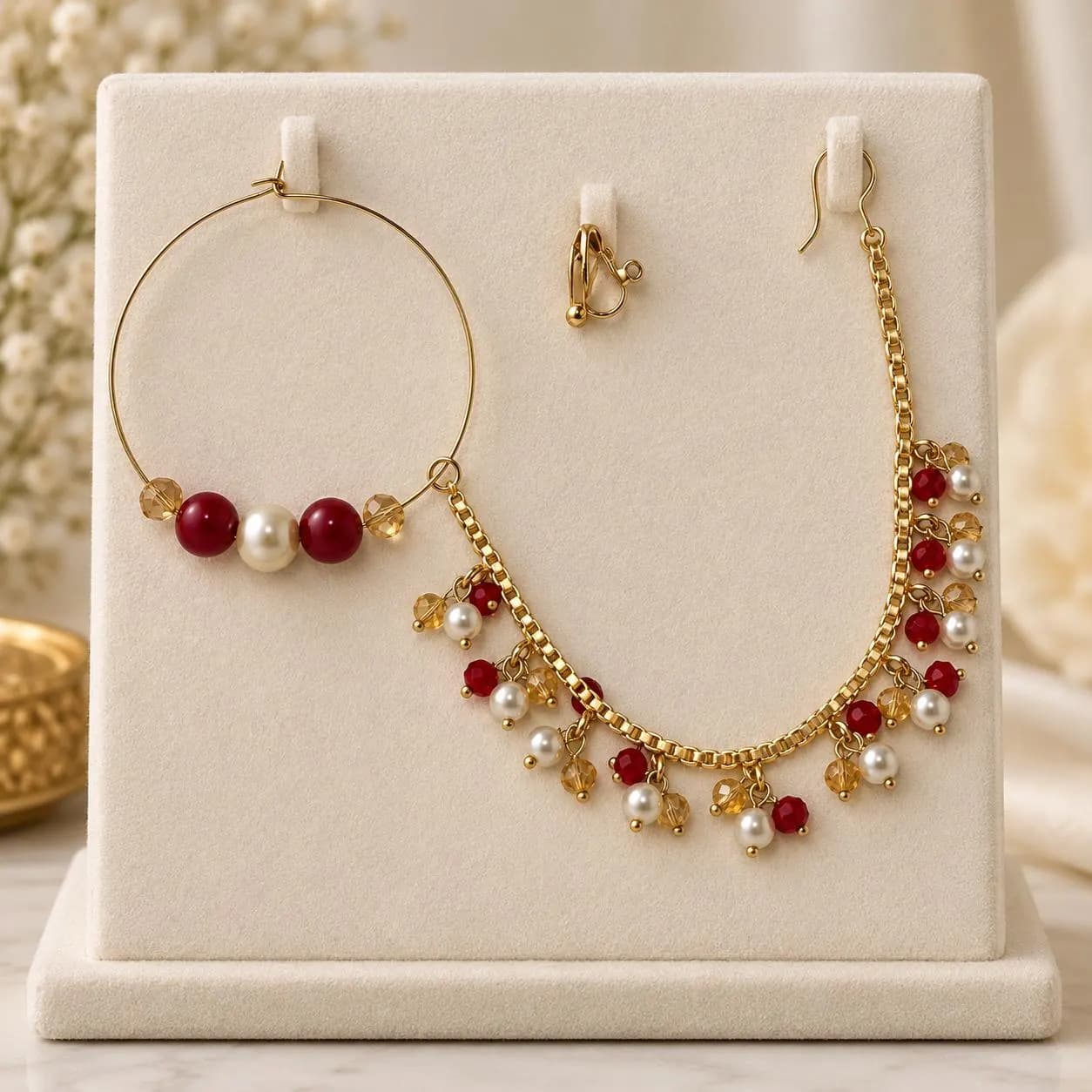 Gold Plated Indian Nose Ring: Bridal Nath with Pearls & Crystals - image 3