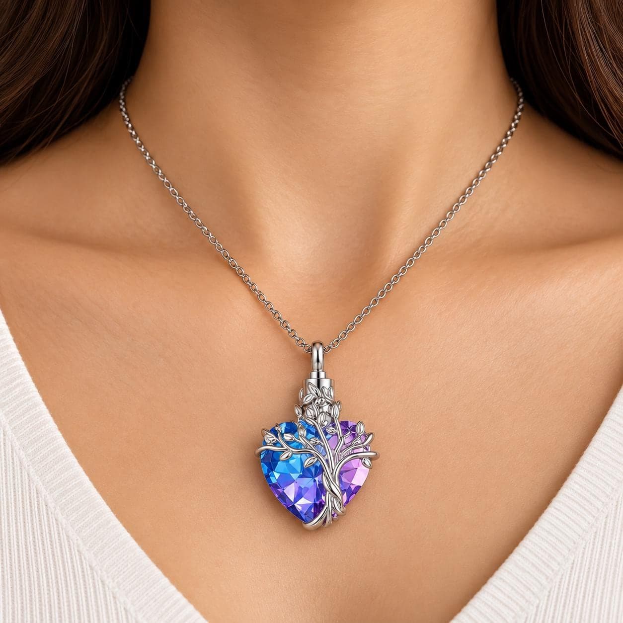 Tree of Life Urn Necklace, Heart Memorial Necklace for Ashes, Blue Purple Crystal Cremation Jewellery, Keepsake Pendant