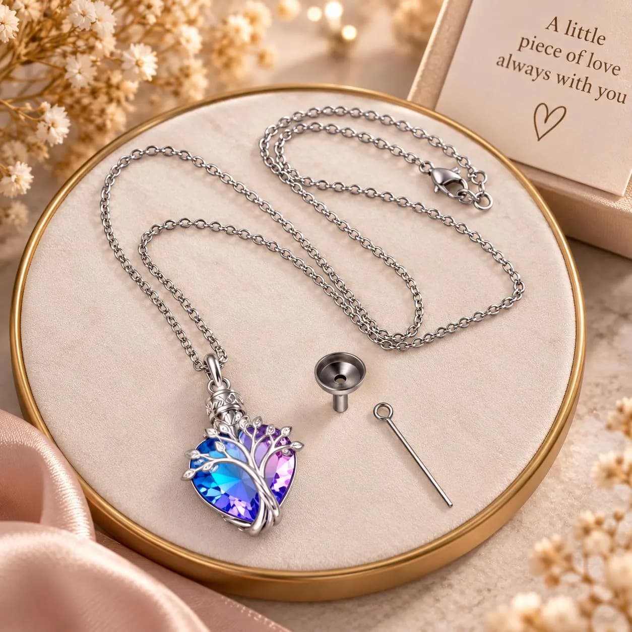 Tree of Life Urn Necklace, Heart Memorial Necklace for Ashes, Blue Purple Crystal Cremation Jewellery, Keepsake Pendant - image 3