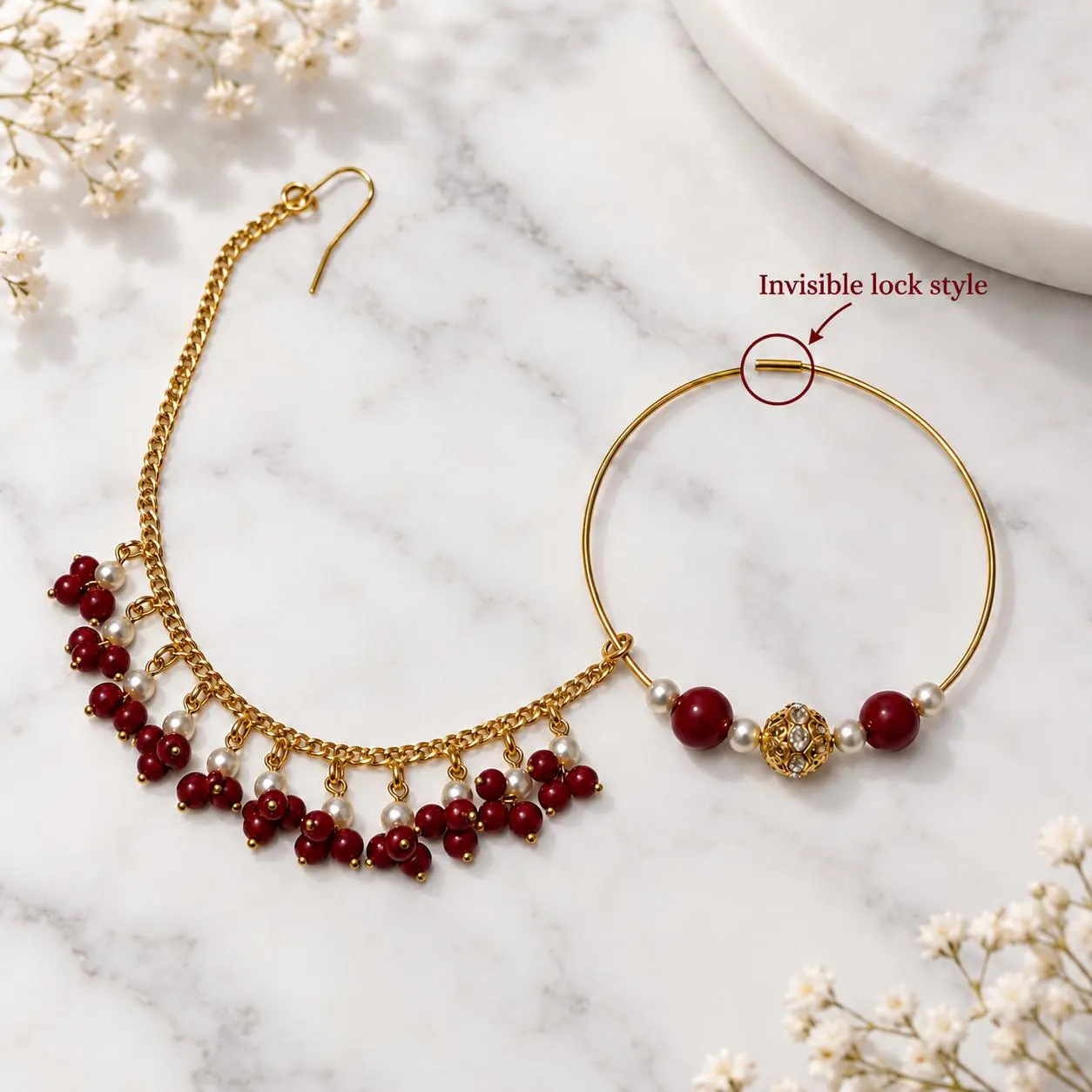 Gold Plated Indian Nose Ring: Bridal marron Nath with Pearls and maroon beads - image 4